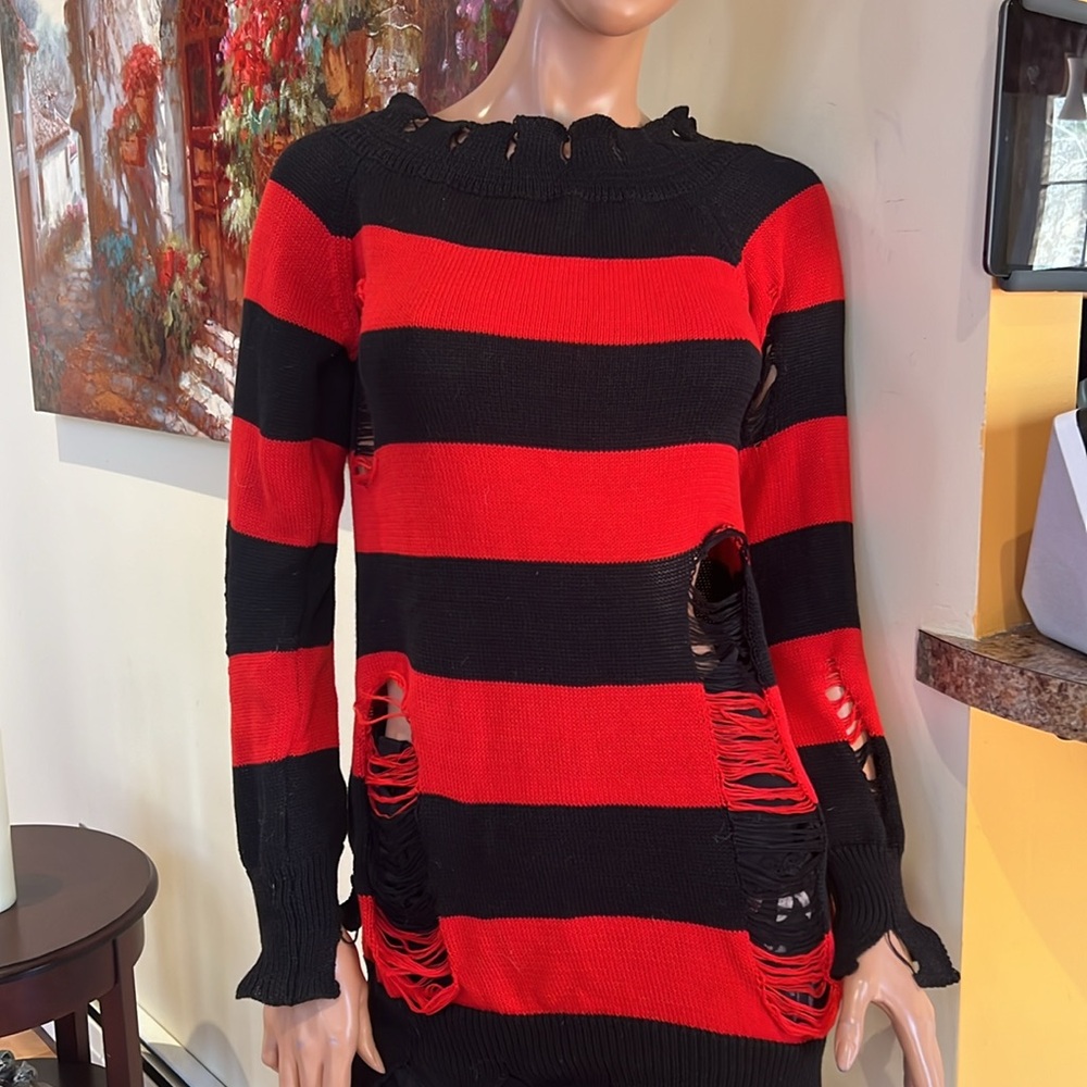 Red and Black punk distressed S Striped Sweater nwt